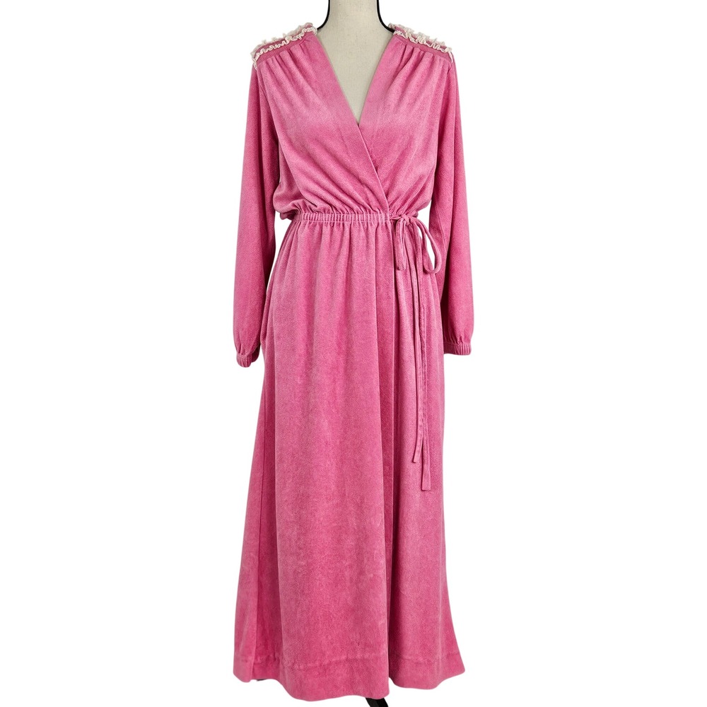 Julie Girl Vintage Robe Women L Pink Good Lace Trim Velour Wrap House Dress FLAW